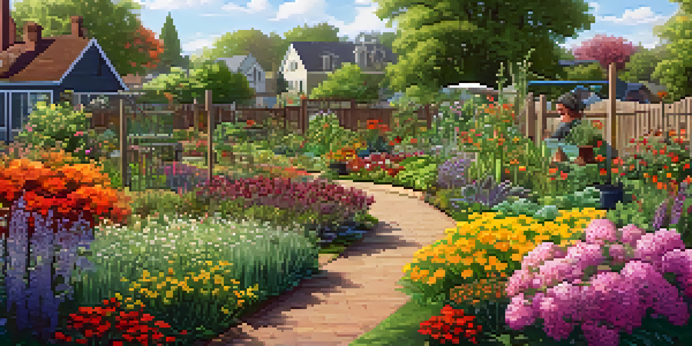 A community garden bustling with residents of diverse backgrounds, tending to colorful flowers and vegetables under warm sunlight.