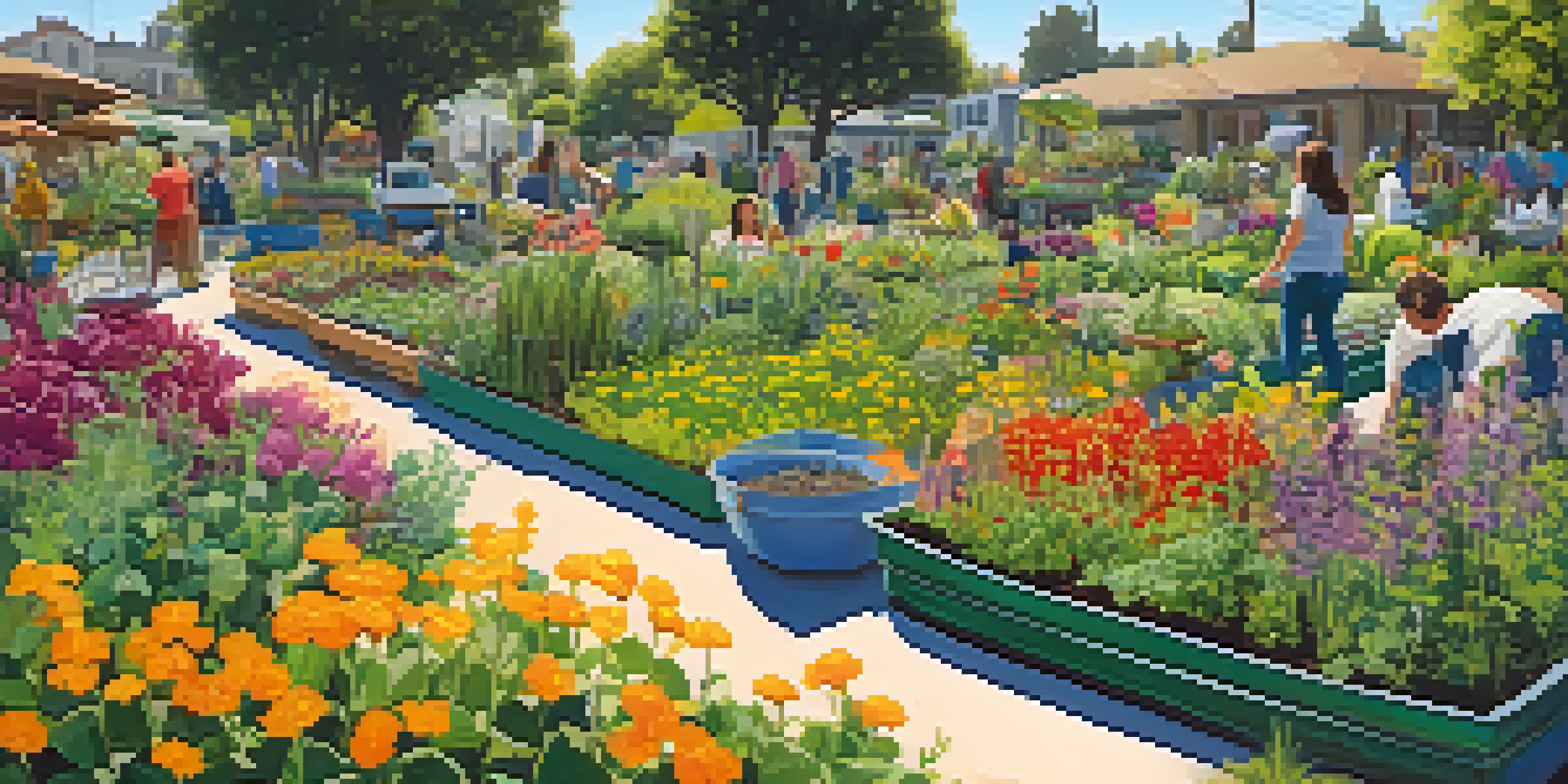 A lively community garden in Pasadena with residents caring for plants, surrounded by colorful flowers and vegetables under a blue sky.