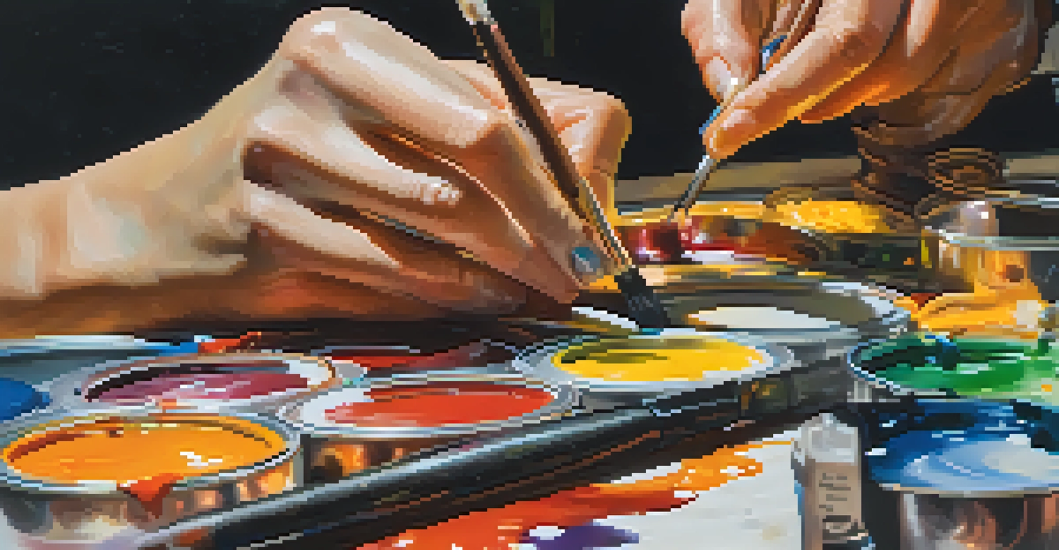 An artist's hands painting on a canvas, surrounded by art supplies, with colorful paint and a focused expression, illuminated by soft lighting.