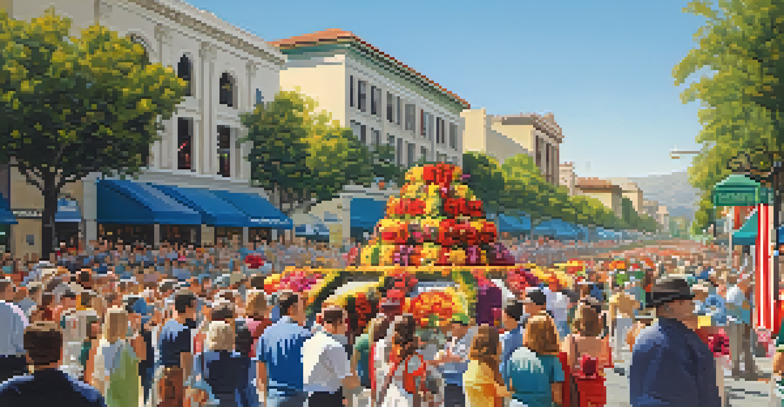 A lively street scene in Pasadena with flower-adorned floats and enthusiastic spectators during the Rose Parade.