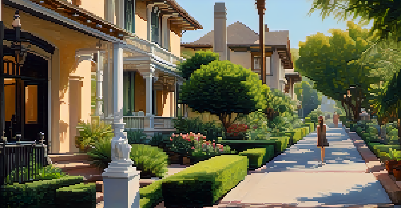 Residents on a walking tour in Pasadena, exploring historic landmarks with a guide in a scenic neighborhood filled with greenery and morning light.