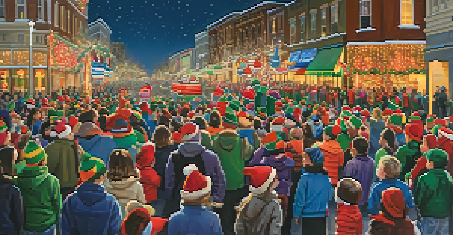 A lively holiday parade with colorful floats and performers, as families cheer along the illuminated street.