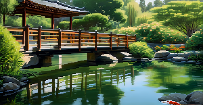 A peaceful Japanese garden with a koi pond, wooden bridges, and colorful flowers under warm sunlight.