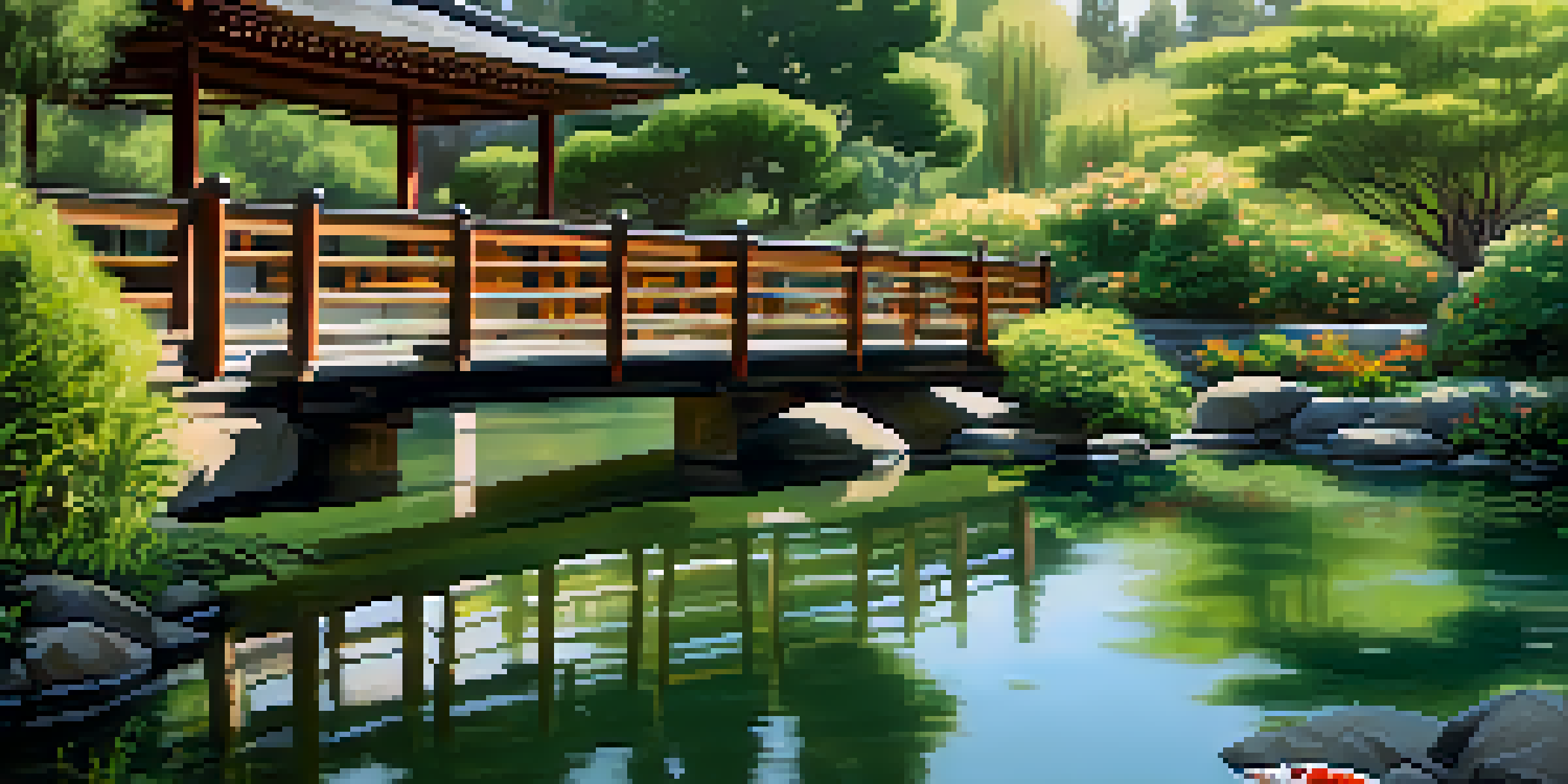 A peaceful Japanese garden with a koi pond, wooden bridges, and colorful flowers under warm sunlight.