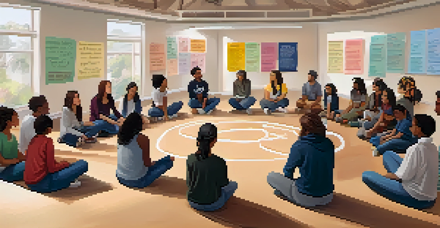 Students participating in a mental health awareness workshop in a school setting, discussing emotions and coping strategies in a supportive environment.