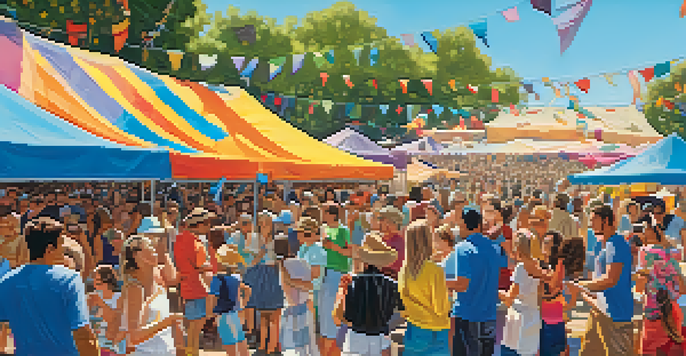 A bustling outdoor music festival in Pasadena with a diverse crowd enjoying live performances, colorful banners, and food stalls.