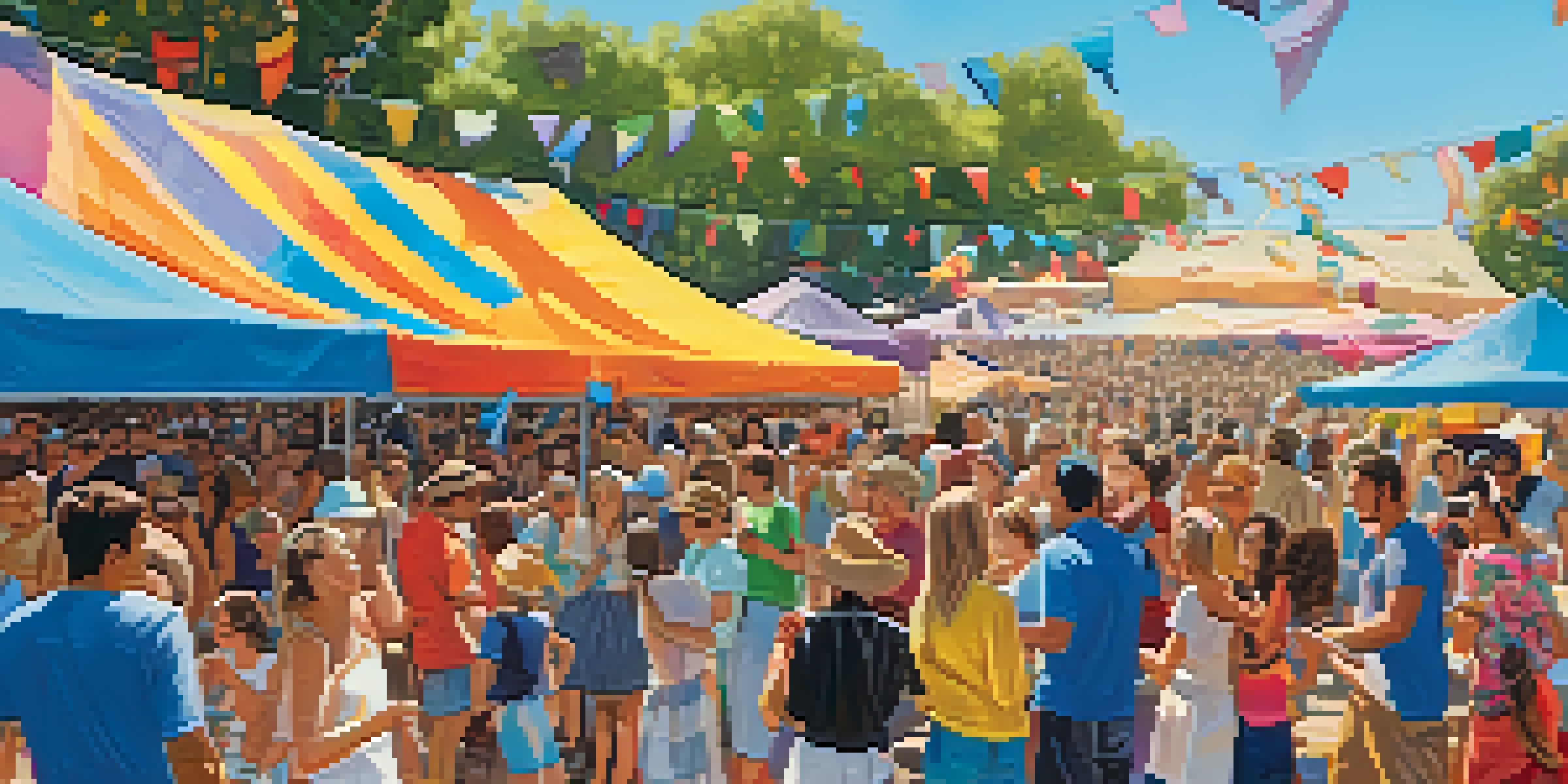 A bustling outdoor music festival in Pasadena with a diverse crowd enjoying live performances, colorful banners, and food stalls.