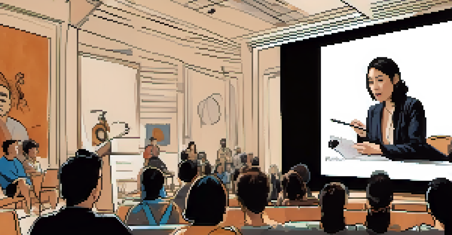 A female filmmaker presenting at a workshop during the Pasadena International Film Festival, with participants engaging and a projector displaying an image.