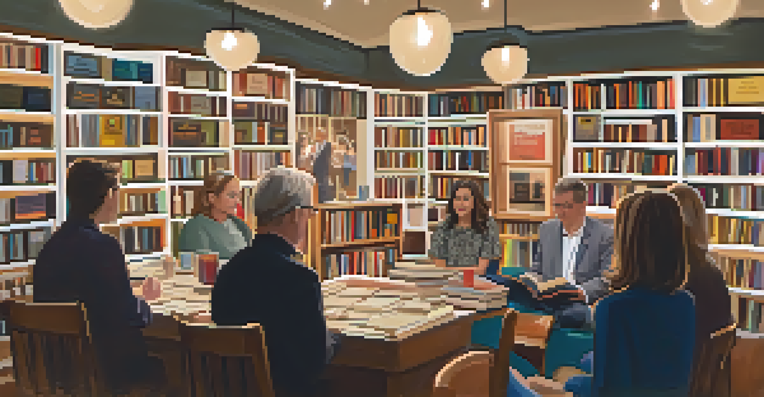 A cozy indoor book launch event with an author reading to an attentive audience surrounded by shelves of books.