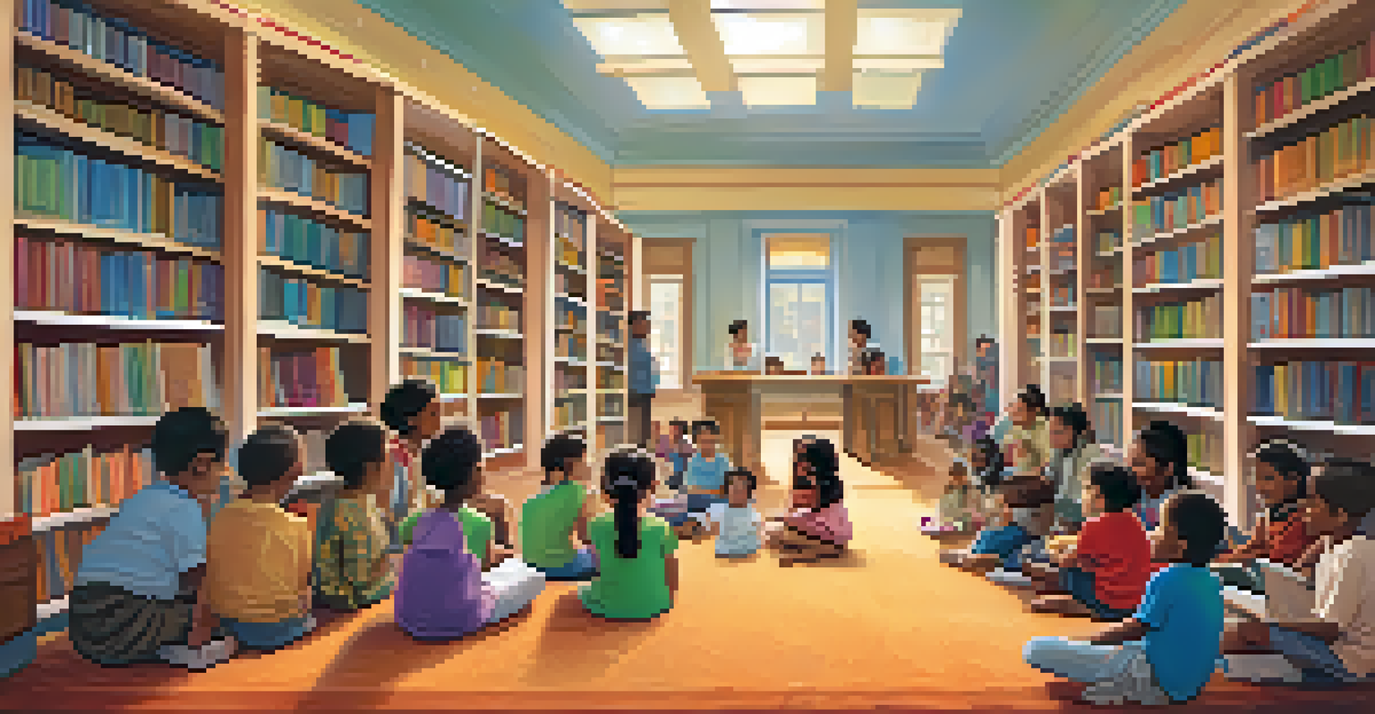 Children listening to a storyteller in a warmly lit library filled with books.