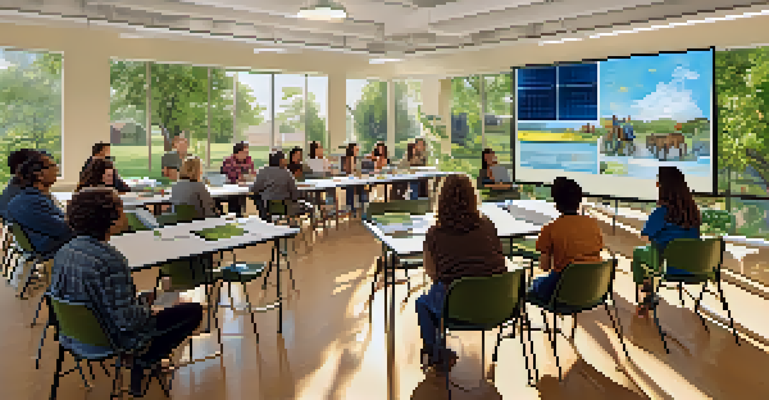 An educational workshop in a Pasadena community center with attendees learning about solar energy benefits and a speaker presenting.