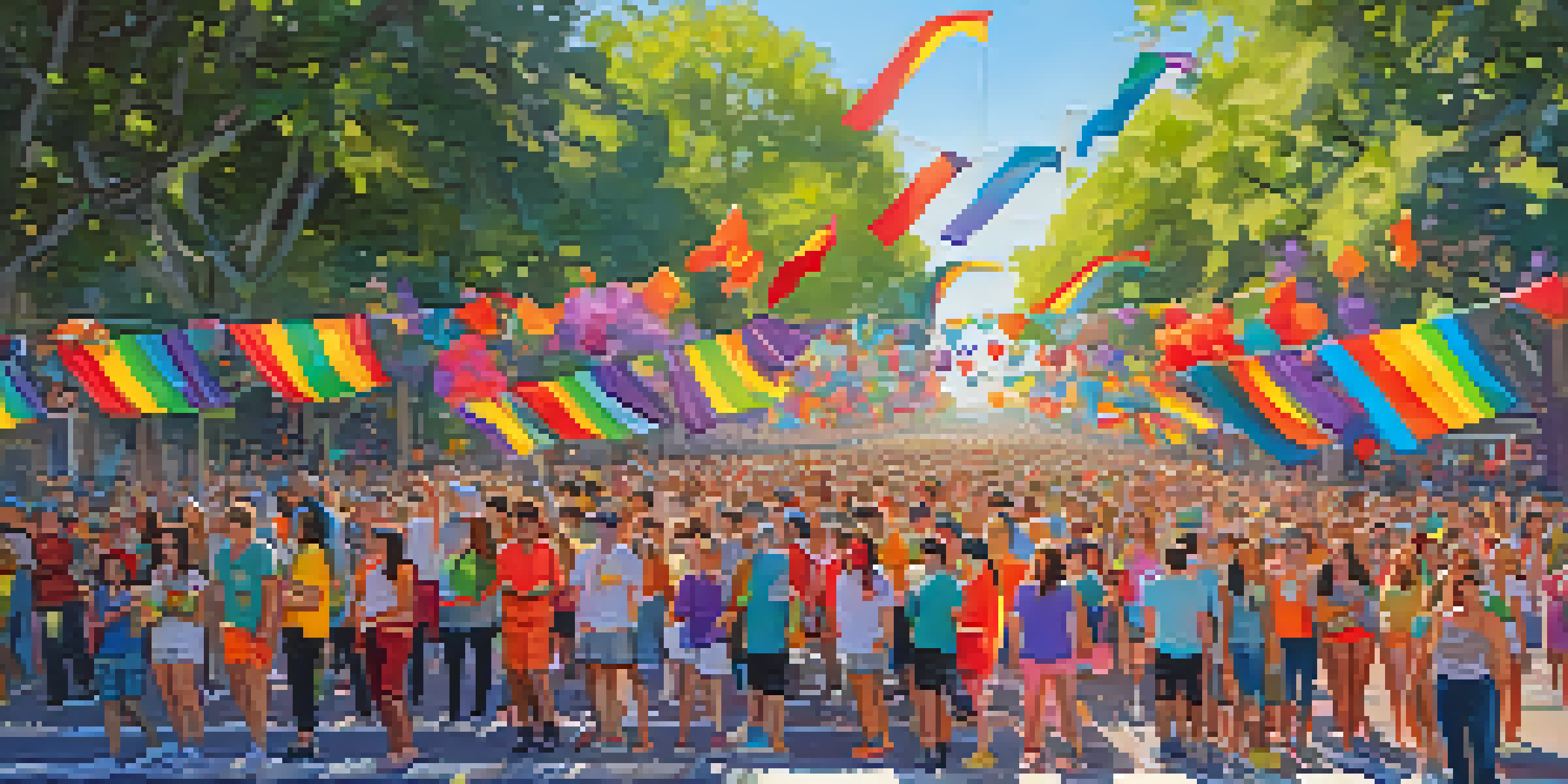 A lively parade scene from the Pasadena Pride Festival, with colorful floats and joyful attendees celebrating diversity.