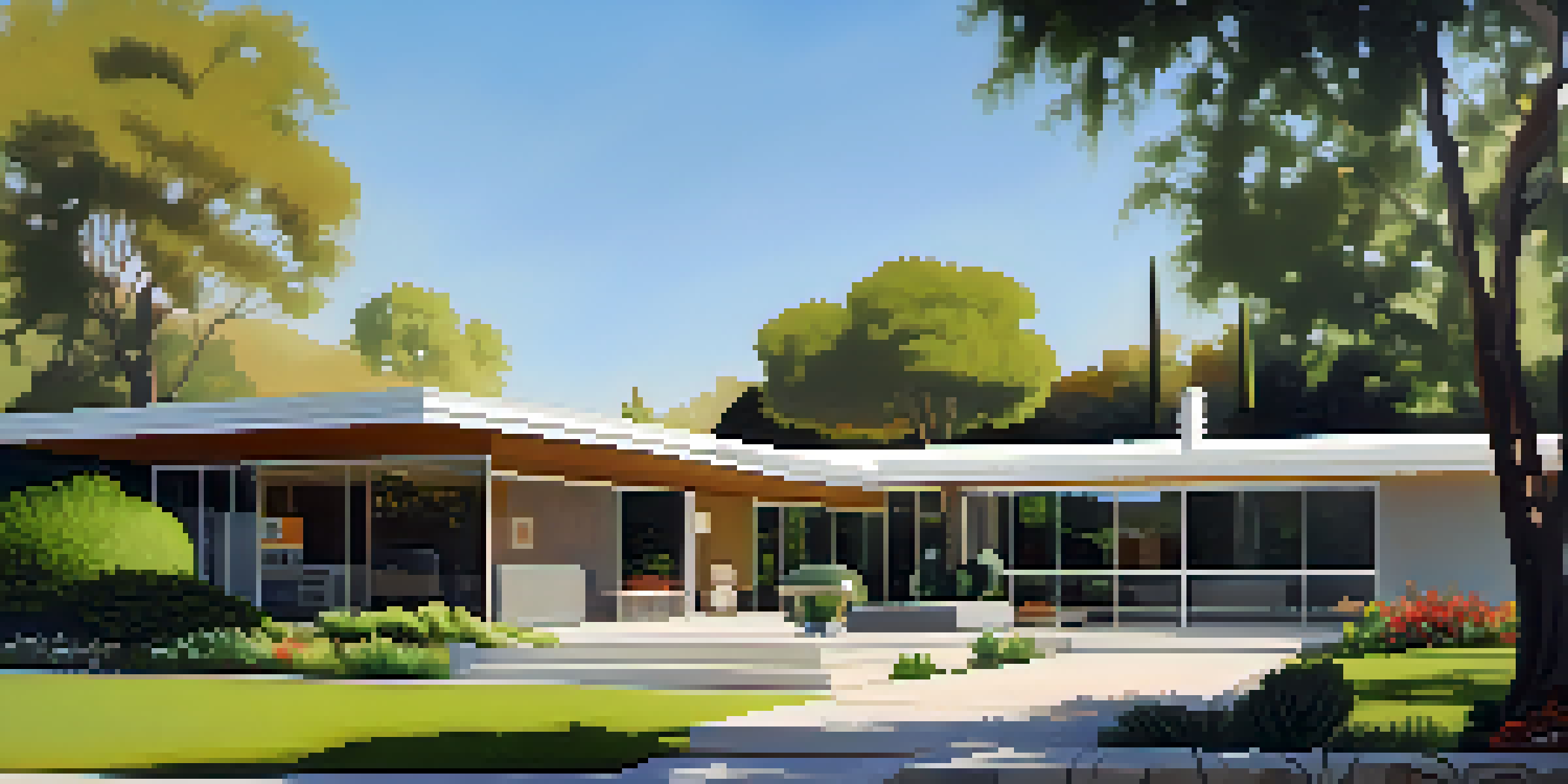 A mid-century modern home in the hills of Pasadena with large glass windows and an inviting outdoor area surrounded by trees.