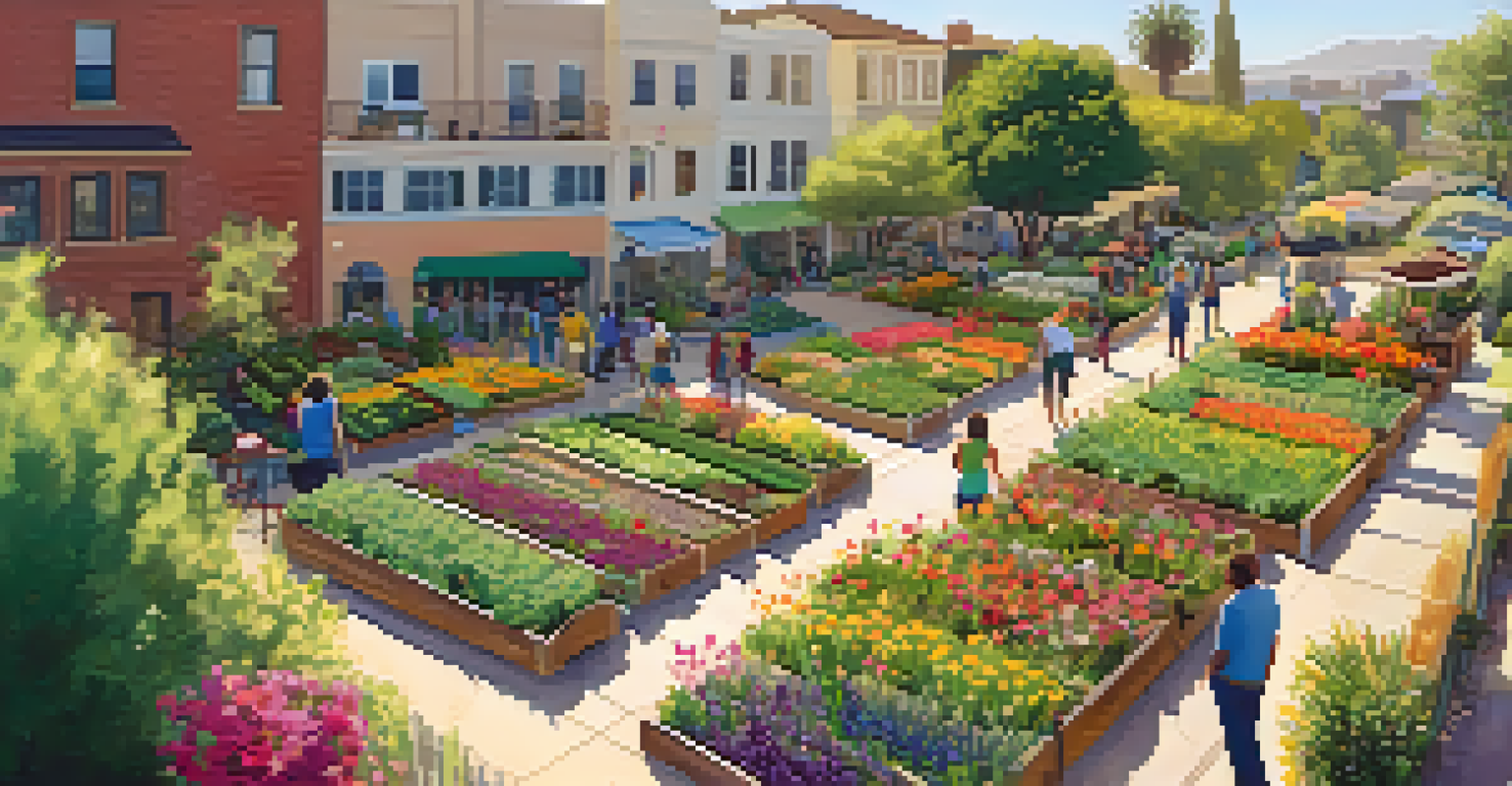 Aerial view of a community garden in Pasadena with residents gardening and colorful plants.