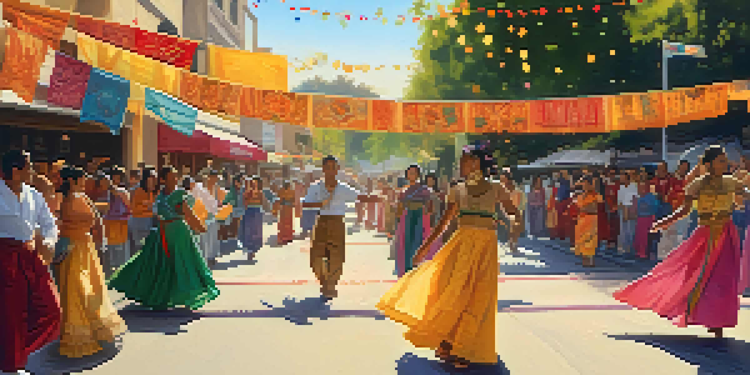 A lively street festival in Pasadena with people dancing and celebrating diverse cultures under colorful decorations.