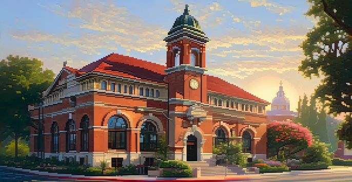 Historic Pasadena fire station with intricate brickwork and blooming flowers in front, illuminated by the setting sun.