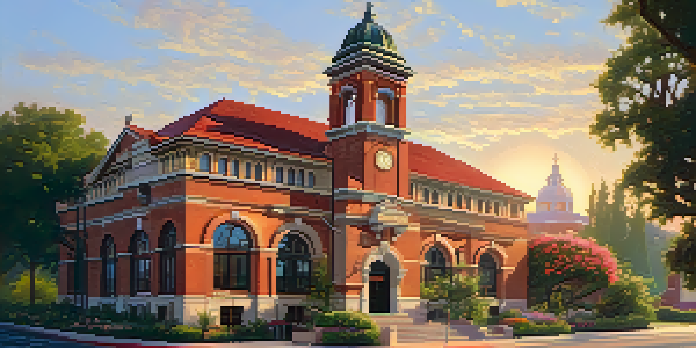Historic Pasadena fire station with intricate brickwork and blooming flowers in front, illuminated by the setting sun.
