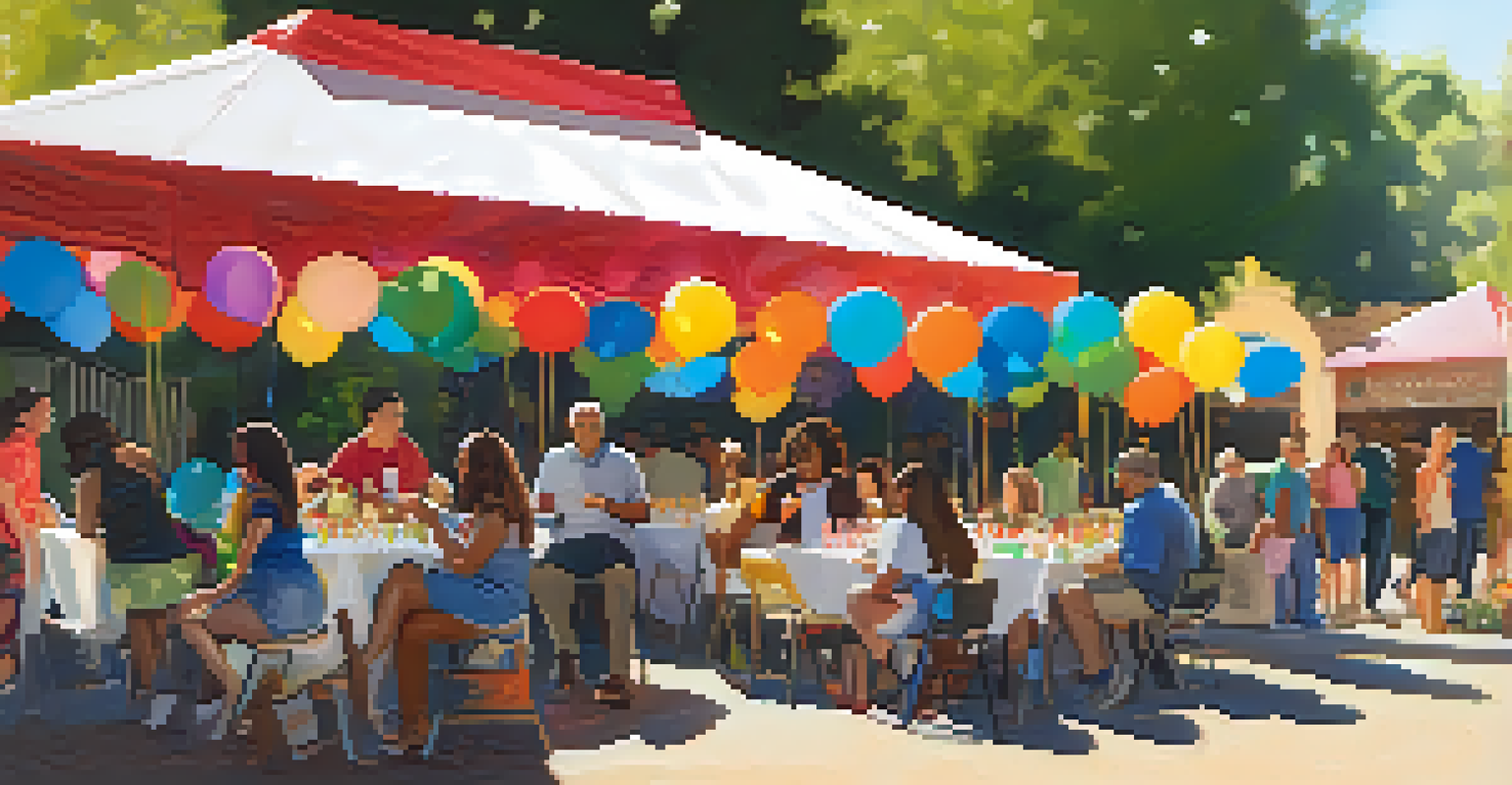 A diverse group of people participating in a community workshop outdoors in Pasadena, with festive decorations and warm lighting.