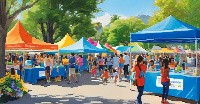 A lively community health fair in a sunny park with colorful booths, families engaging in activities, and health professionals offering services.