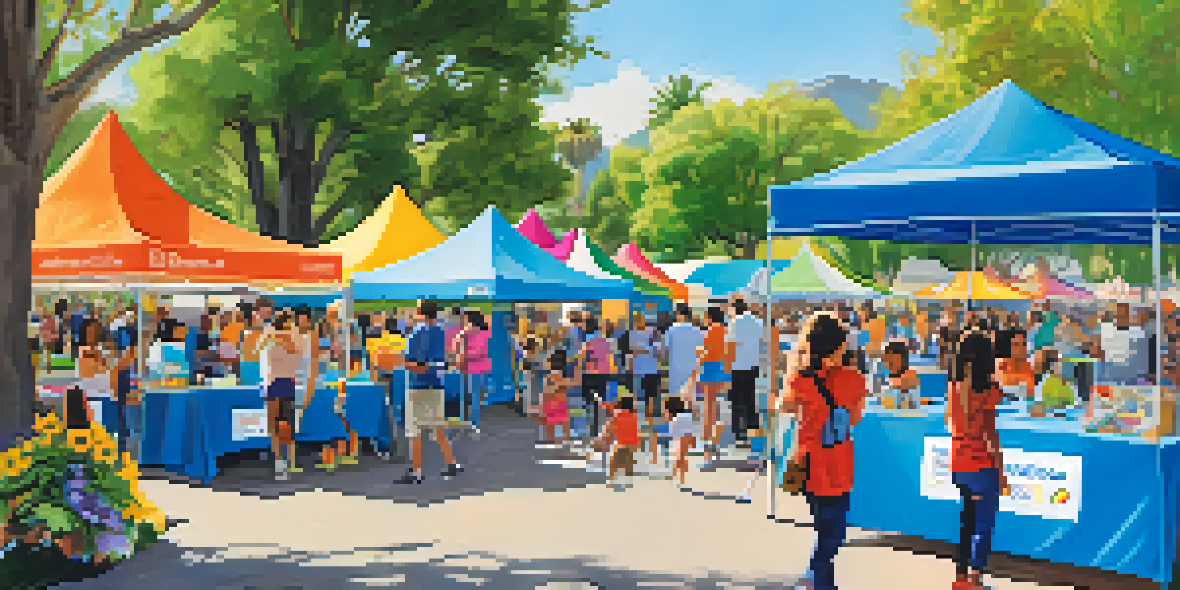 A lively community health fair in a sunny park with colorful booths, families engaging in activities, and health professionals offering services.