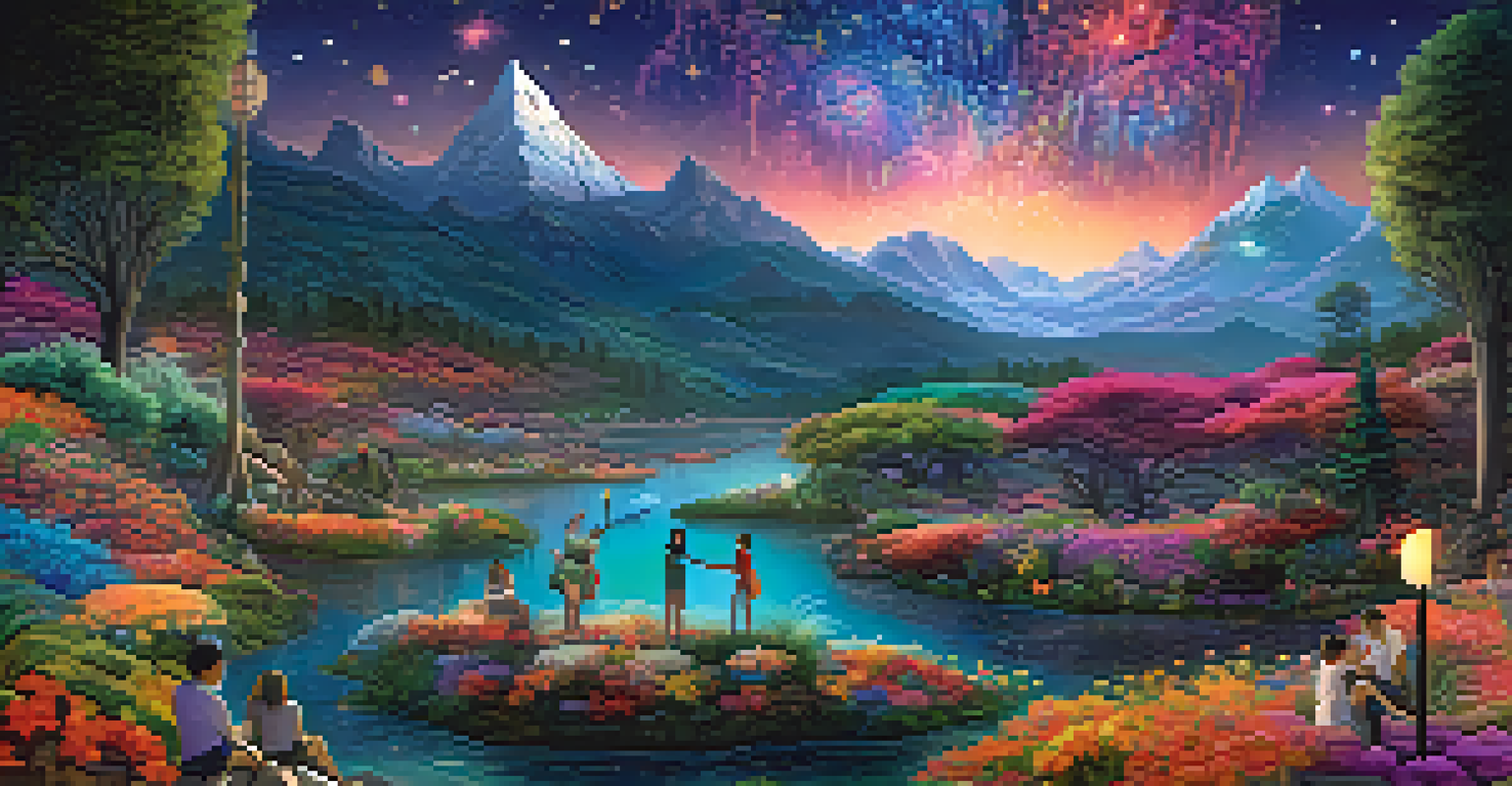 A surreal digital landscape with colorful flora and fauna, featuring flowing rivers of light and a starry sky, with people interacting with the artwork.