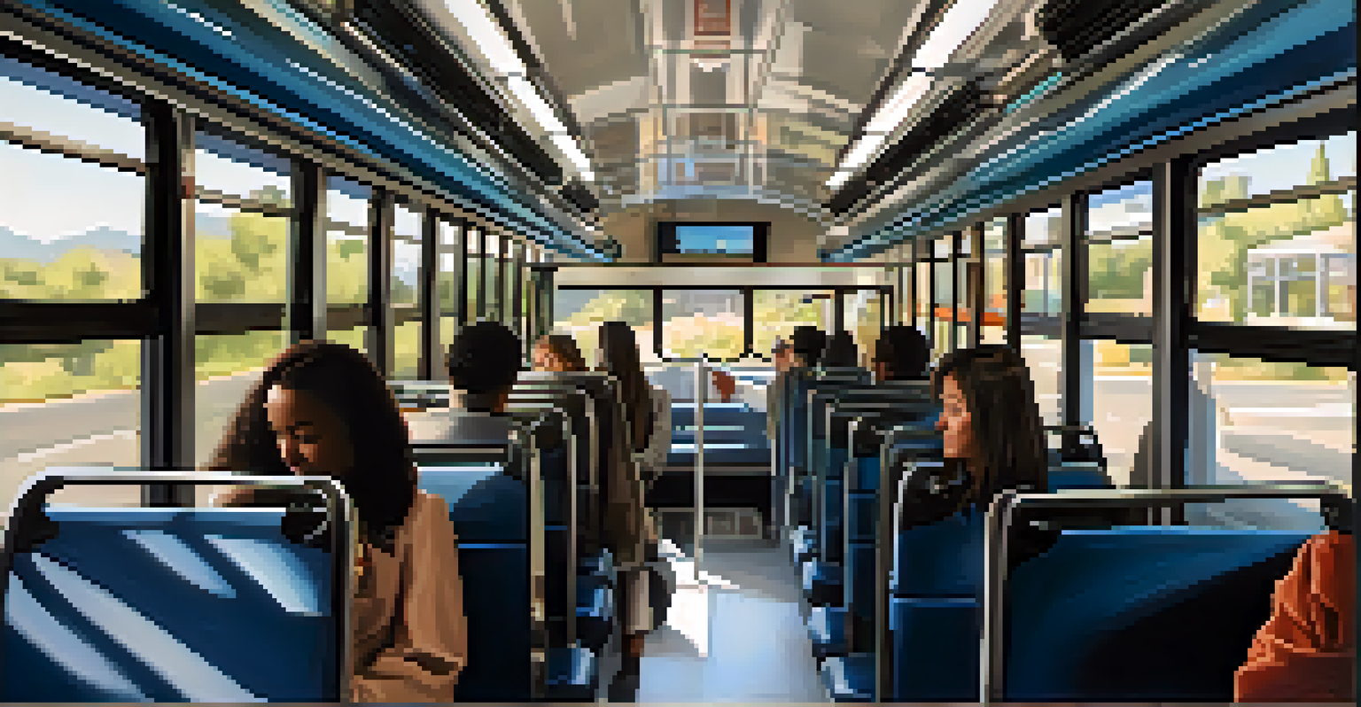 An interior view of a Pasadena Transit bus with diverse passengers enjoying their ride, highlighting modern seating and natural light.