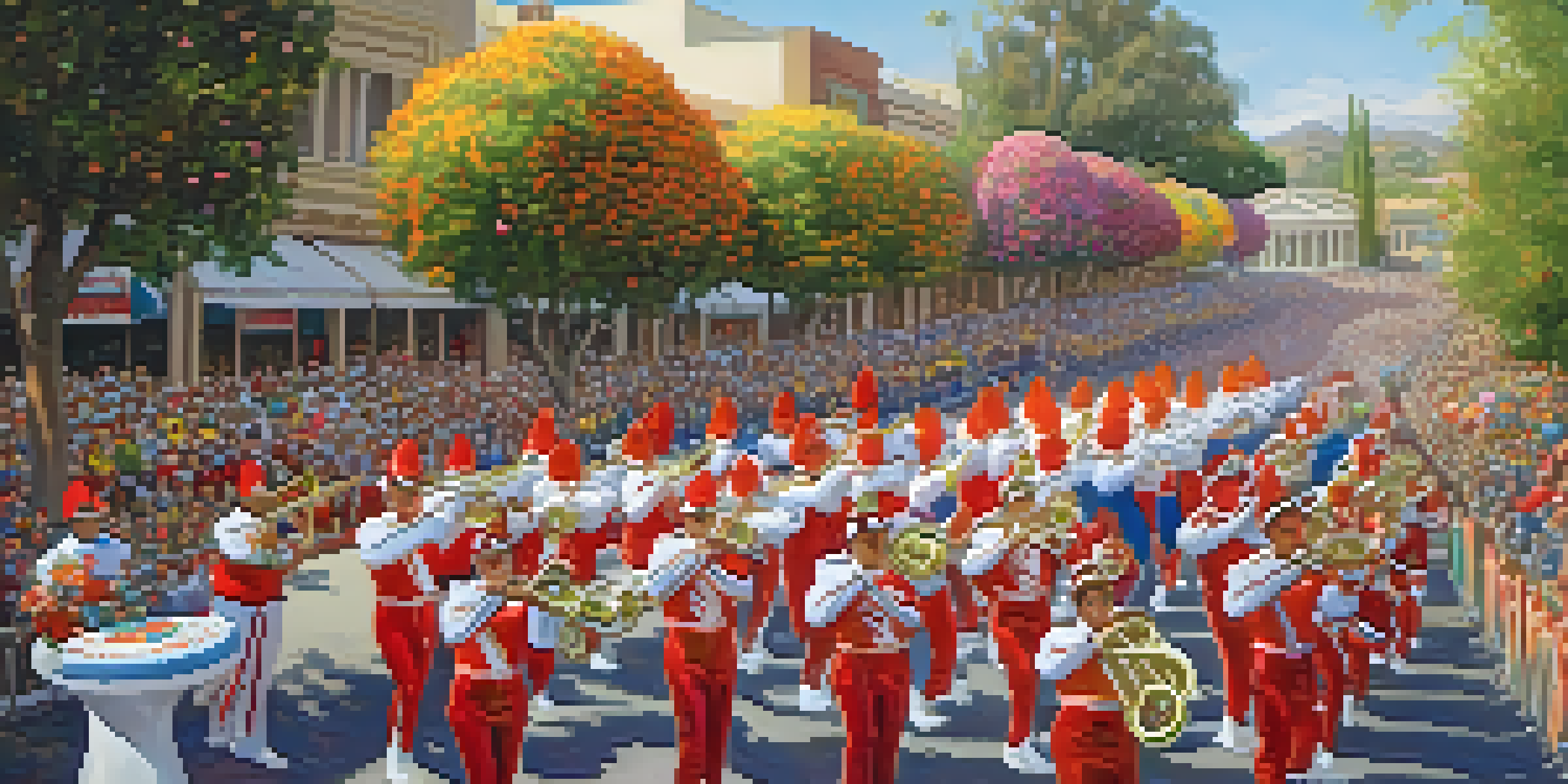 A lively Rose Parade scene with marching bands in colorful uniforms playing instruments, surrounded by flower-adorned floats and cheering spectators.