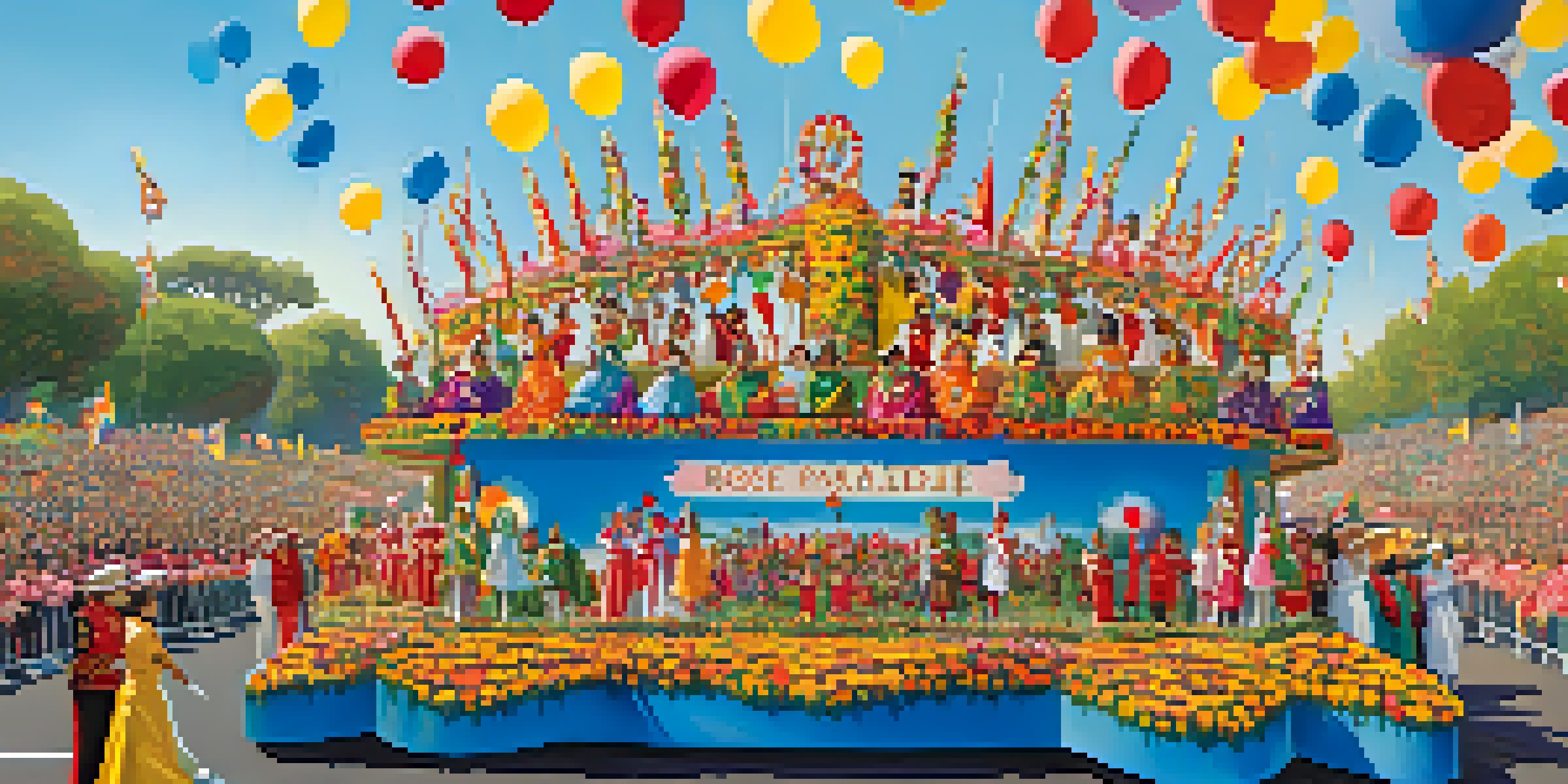 A colorful float decorated with flowers and participants in traditional costumes at the Rose Parade, under a clear blue sky with cheering spectators.