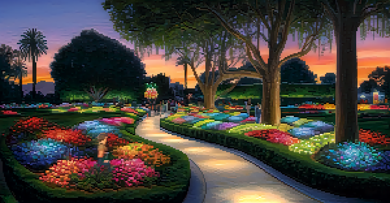 A tranquil view of a botanical garden illuminated with festive lights, showcasing flowers and paths that create a magical atmosphere.