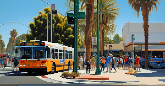 A lively bus stop in Pasadena with a Metro Bus and a Pasadena Transit bus, surrounded by palm trees and people waiting.