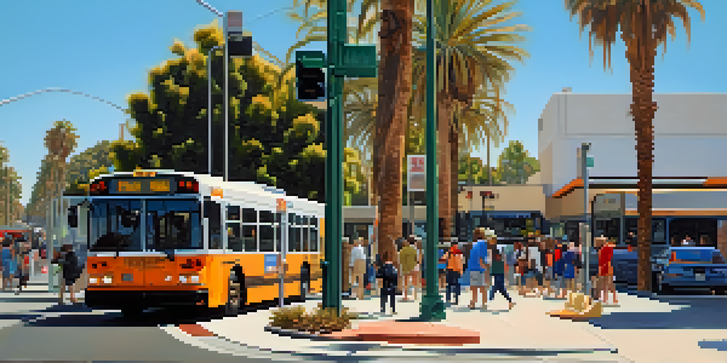 A lively bus stop in Pasadena with a Metro Bus and a Pasadena Transit bus, surrounded by palm trees and people waiting.