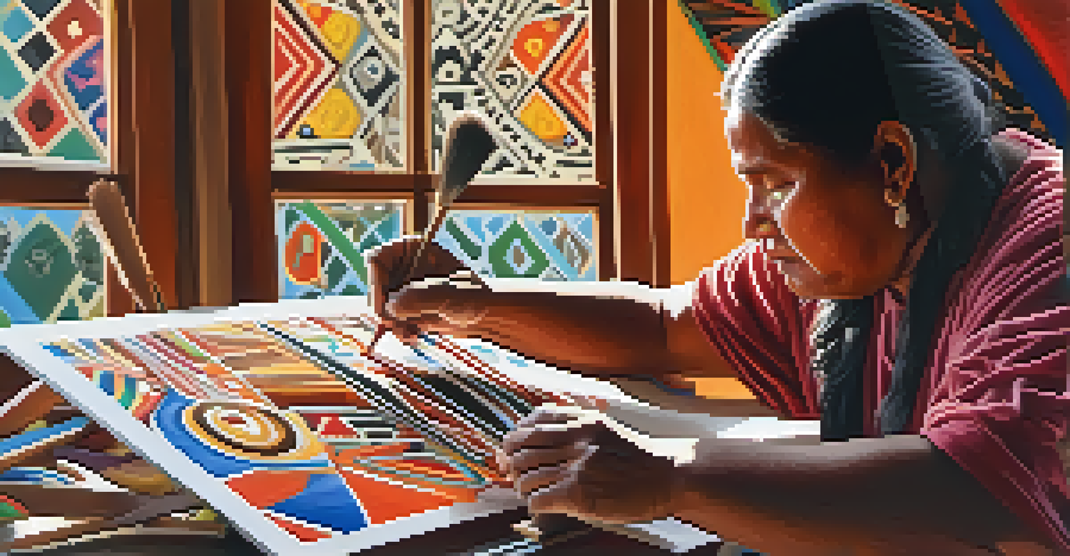 An Indigenous artist painting traditional artwork with intricate patterns, surrounded by vibrant paints in natural light.