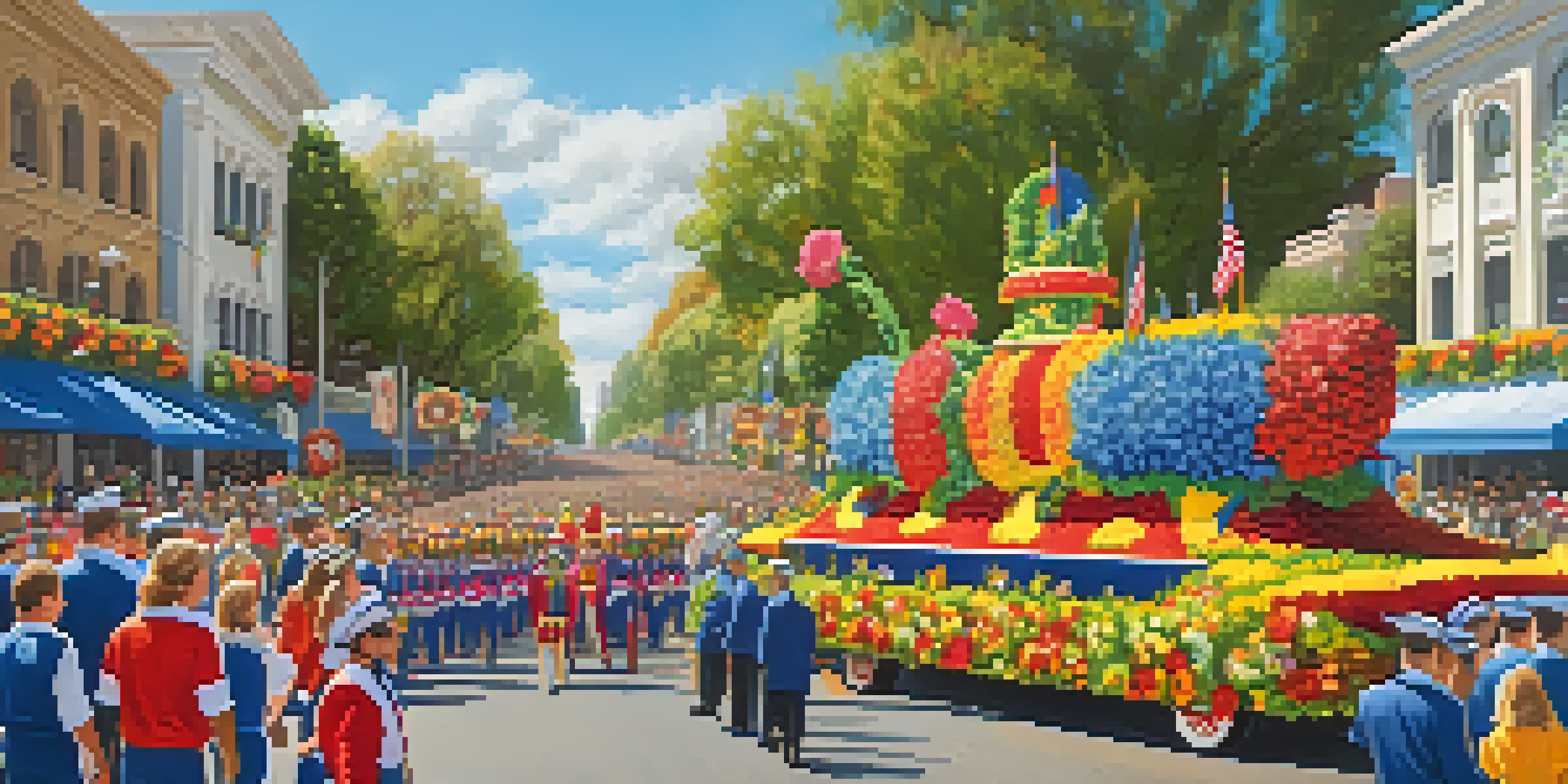 A lively parade scene with colorful floats and marching bands in Pasadena, filled with spectators.
