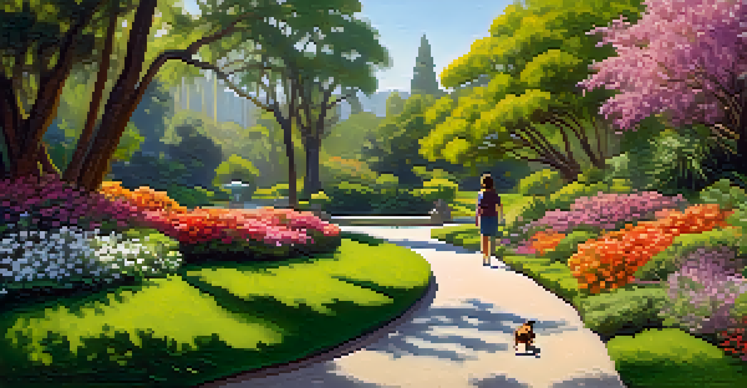 A person walks their dog along a path in the Arboretum surrounded by beautiful gardens and lakes.
