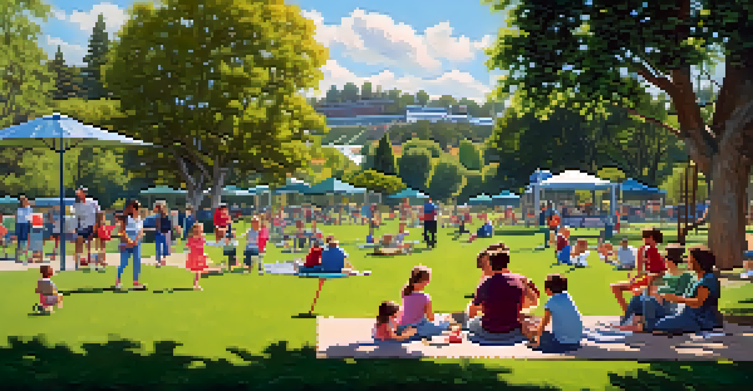 A family-friendly scene at Brookside Park, showing children playing and families having picnics in a green space.