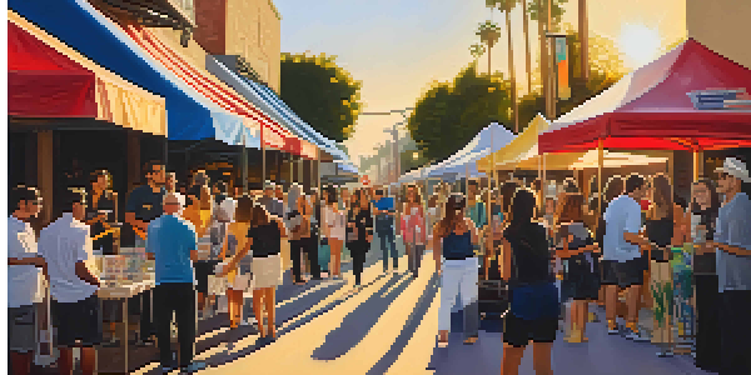 A bustling street scene showcasing local artists with their artworks during Pasadena's ArtWalk, filled with visitors and colorful decorations under a warm sunset.