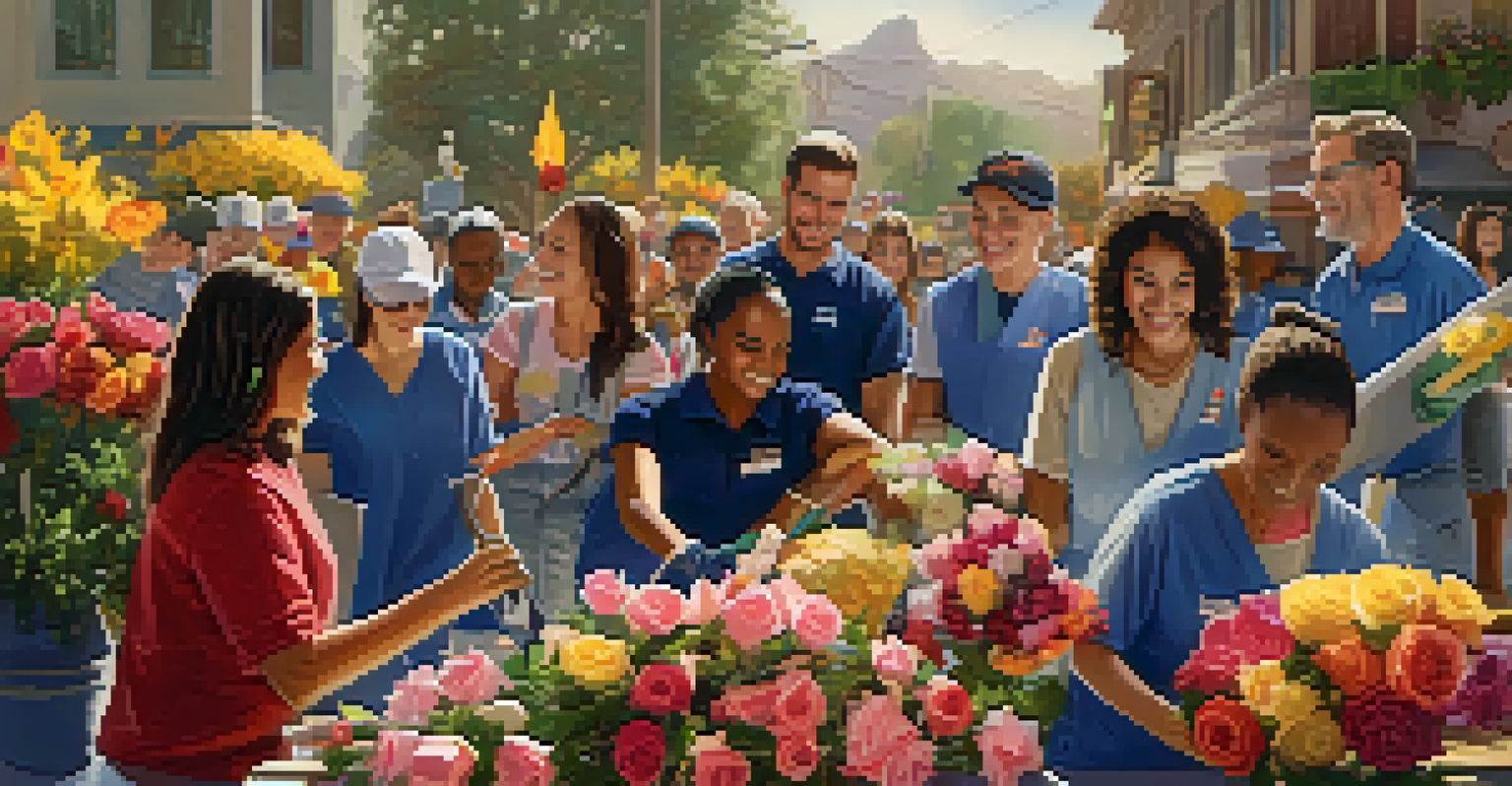 Volunteers collaborating to build a Rose Parade float, surrounded by flowers and tools, showcasing teamwork and community spirit.