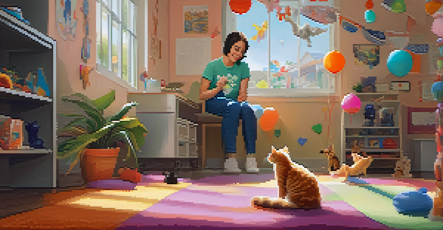 A volunteer playing with a kitten in a bright Pasadena animal shelter, surrounded by soft bedding and colorful toys.