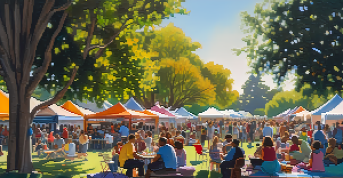 A lively outdoor jazz festival in Pasadena with musicians performing on stage, and families enjoying picnics on blankets under the sun.