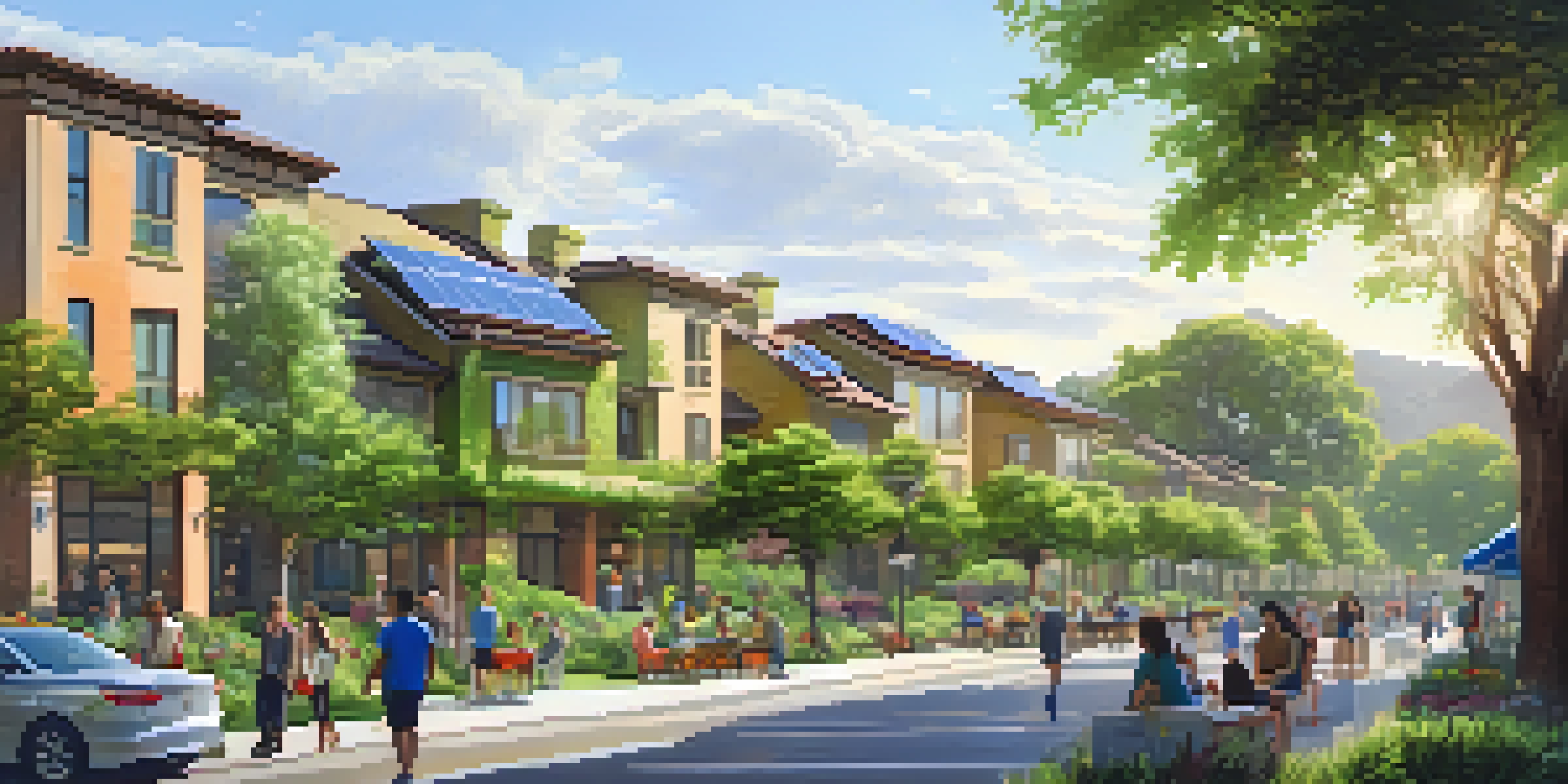An urban landscape of Pasadena featuring green buildings with solar panels, surrounded by trees and people enjoying the park.