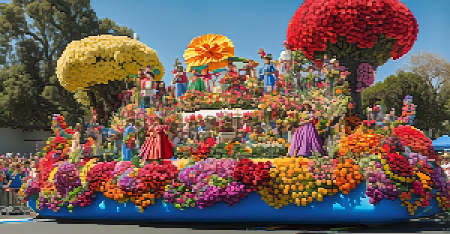 A beautifully decorated float in the Rose Parade, showcasing intricate floral designs and colorful participants in costumes.