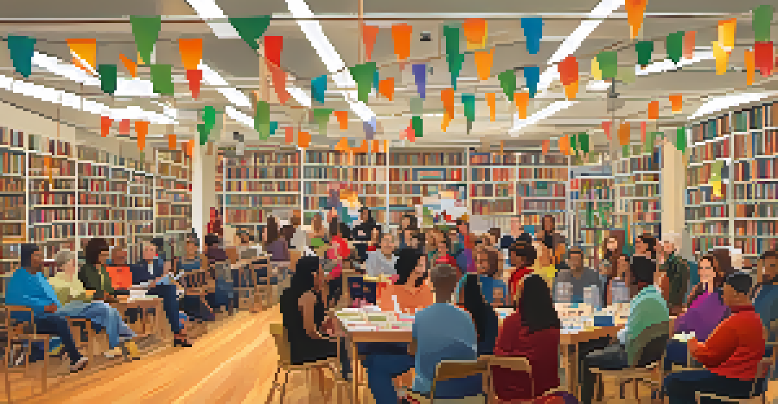 A lively community book event in a Pasadena bookstore with diverse attendees and an author speaking.