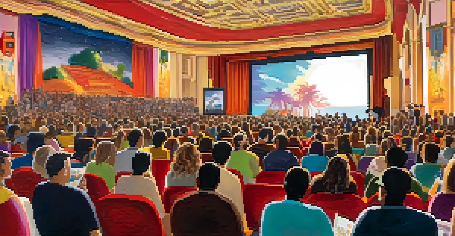 Filmmakers presenting their work at the Pasadena Film Festival, with an engaged audience and colorful decorations in the venue.