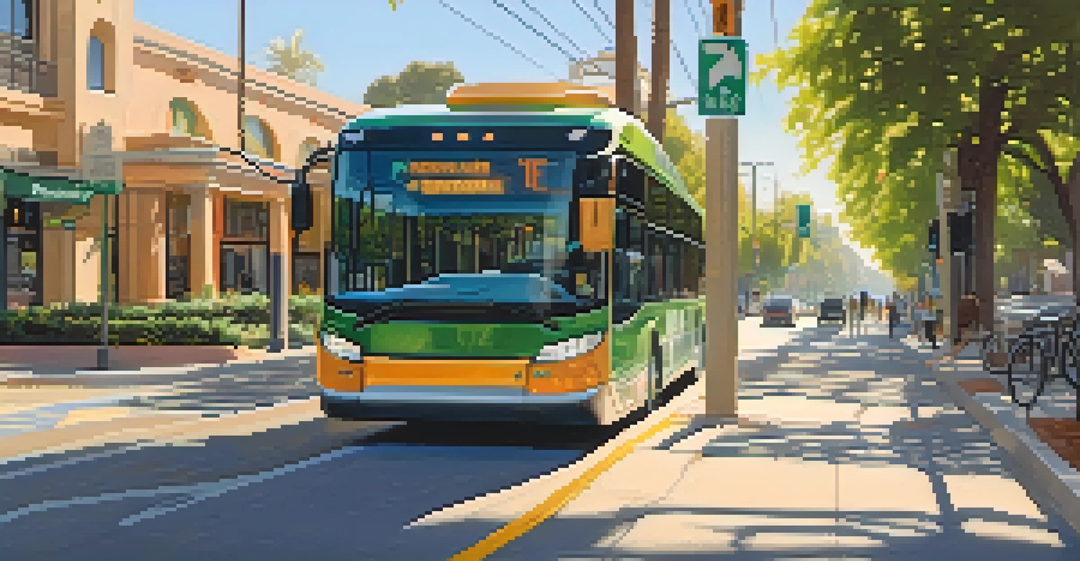 An electric bus on a sunny street in Pasadena, with people at a bus stop and bicycles parked, representing sustainable transportation.