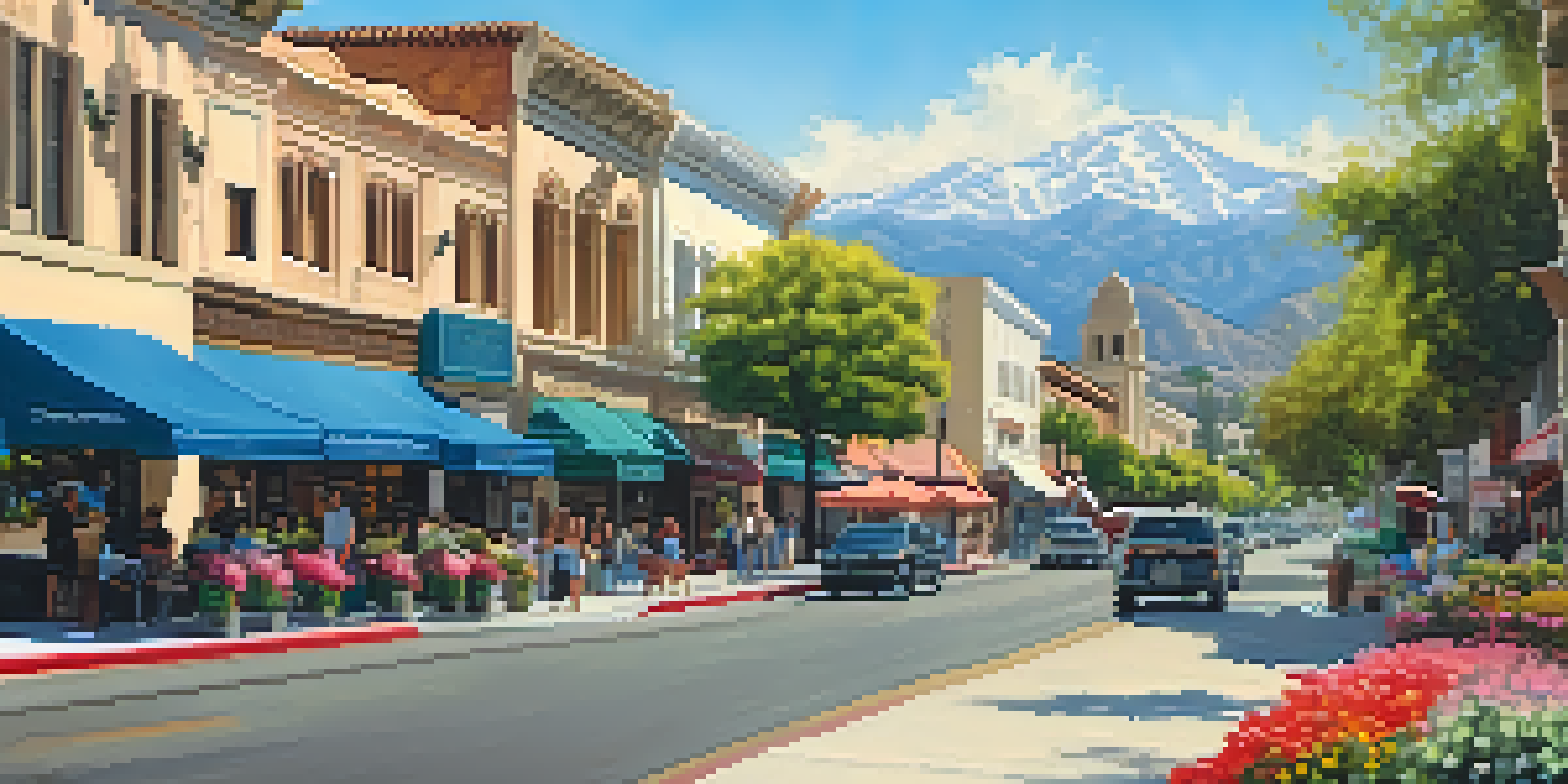 A sunny day in Pasadena's Old Town district with historic buildings and blooming flowers, people walking and sitting at outdoor cafes, and mountains in the background.