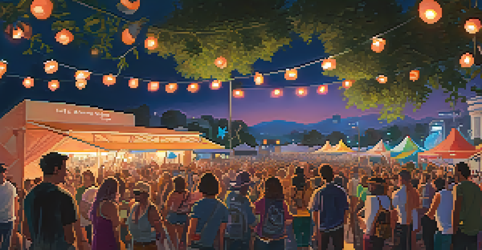 Indie music festival in Pasadena with performers on stage, diverse audience enjoying art installations and food trucks under vibrant lighting.