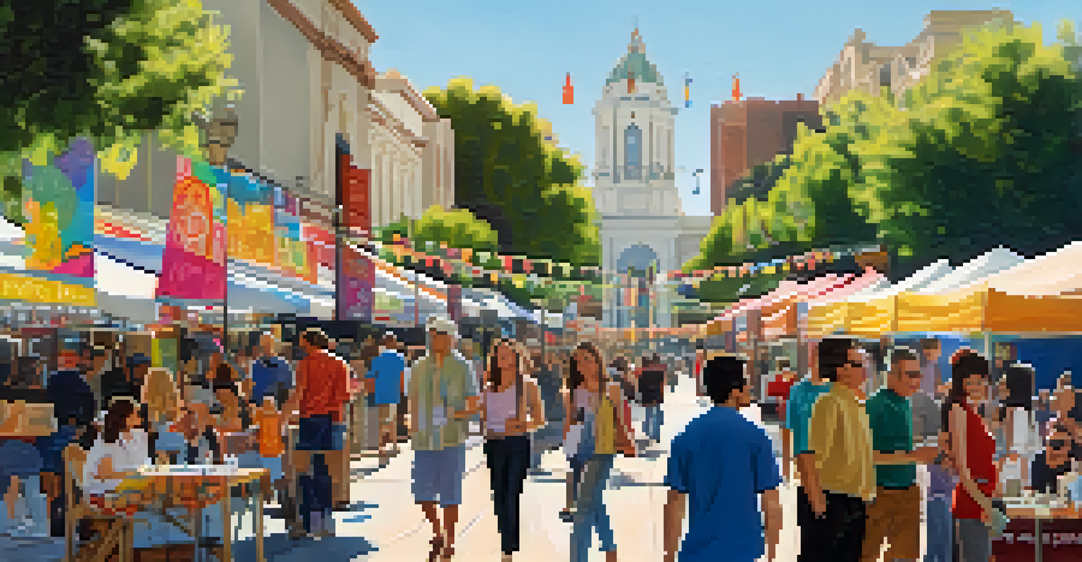 A lively street scene in Pasadena during a film festival, with local artists, food stalls, and colorful banners promoting films.