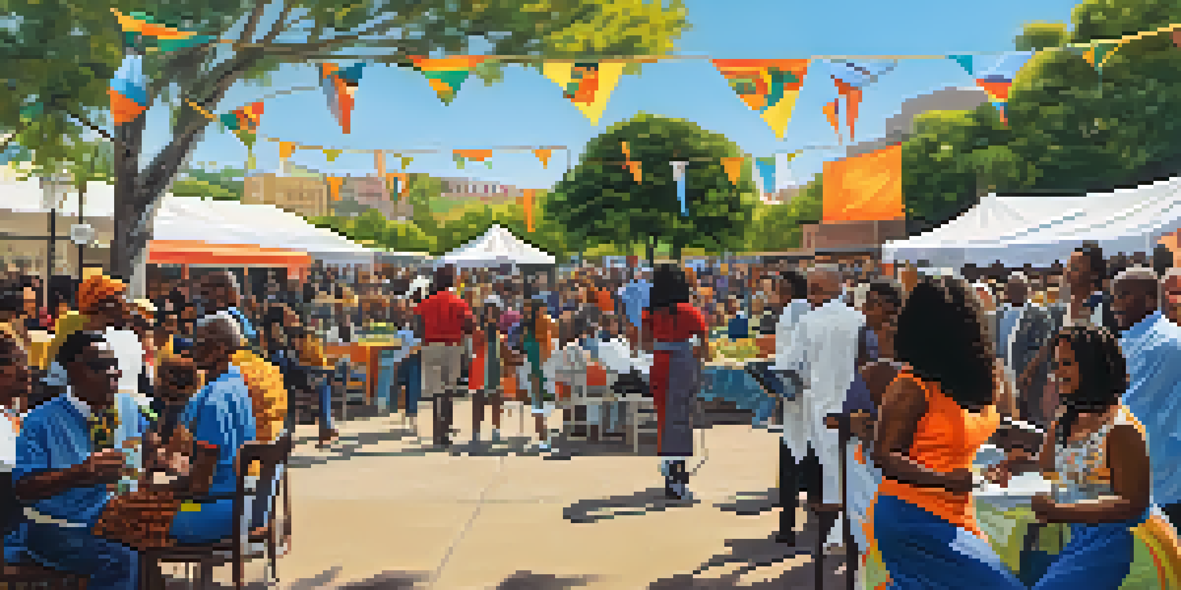 A lively outdoor celebration with diverse attendees engaging in discussions and performances, colorful banners and artwork in the background.