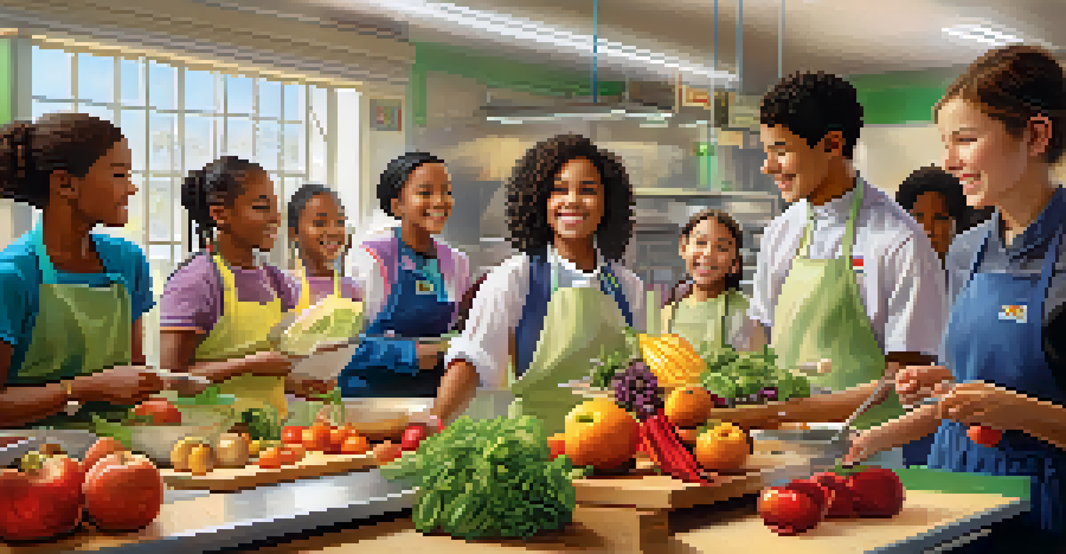 A teacher showing cooking techniques to students in a bright classroom filled with fresh fruits and vegetables.