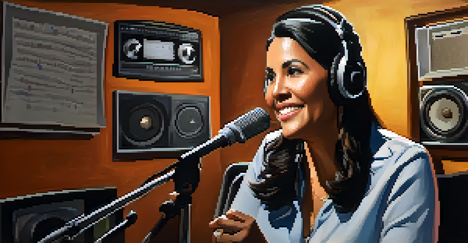 A community radio host speaking into a microphone, surrounded by sound equipment, with an intimate studio atmosphere.